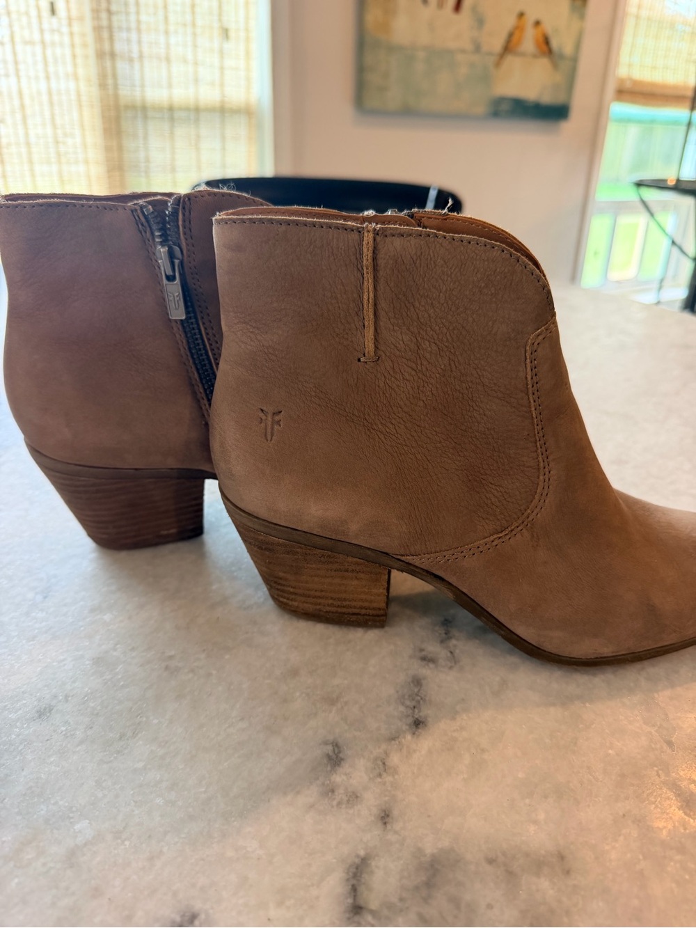 Frye Taupe Suede Ankle Booties with Stacked Heel 8.5